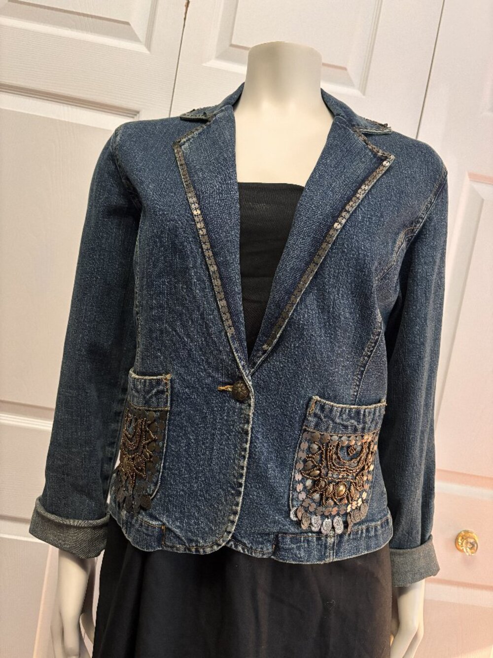 Sharon Young Embellished Denim Blazer Jacket Beaded Coin Boho Size 4